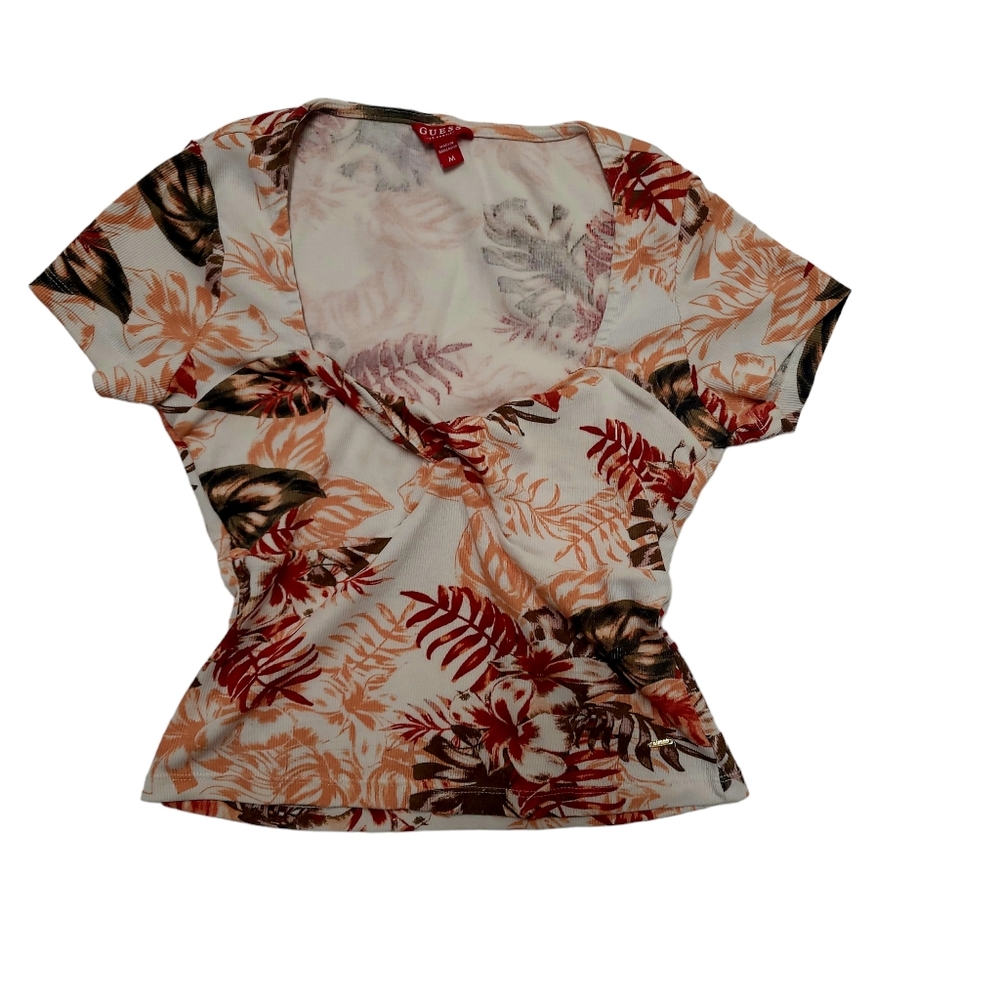 Guess women's short sleeve tropical floral top square neck ribbed size Medium